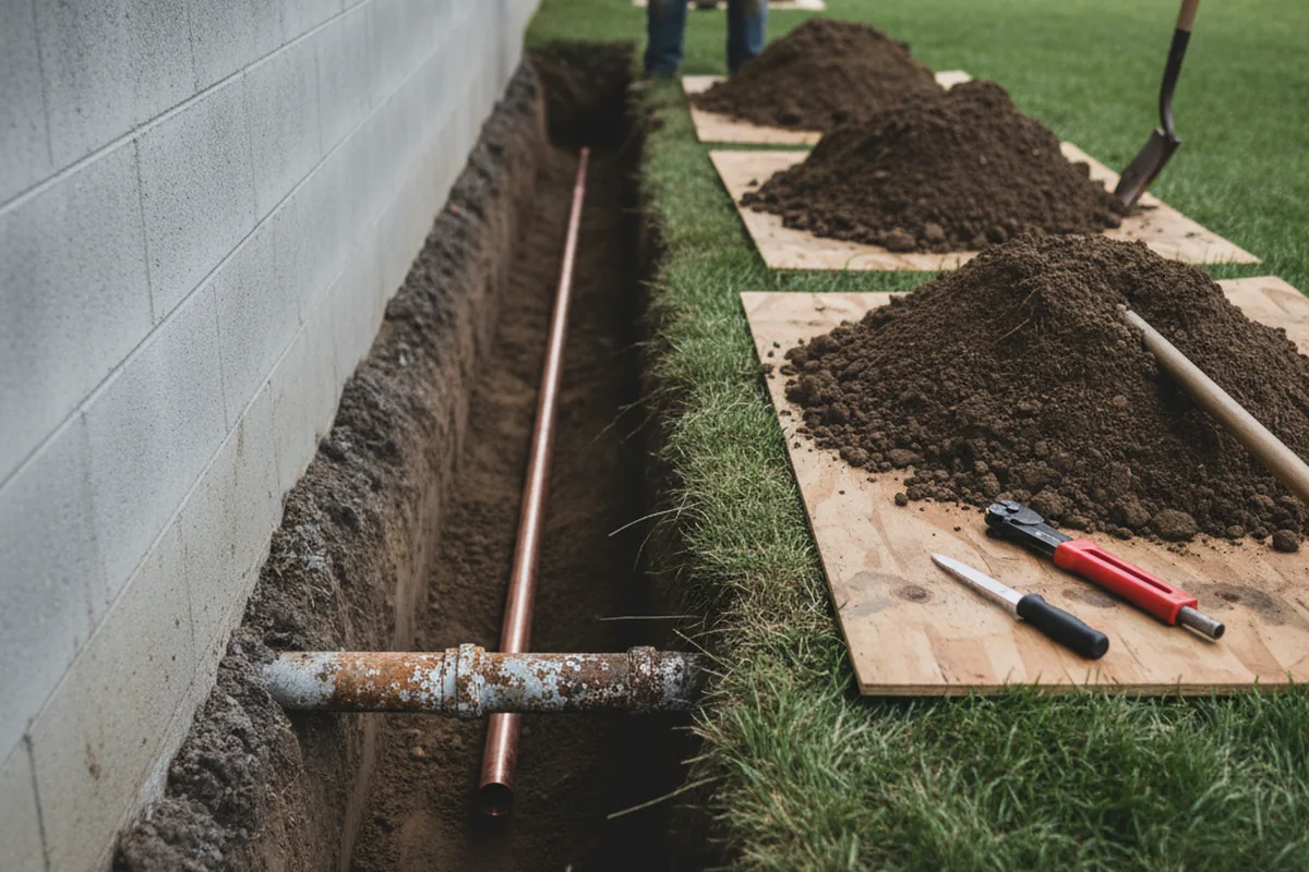 Excavated water line trench during Sewer Line Repair in Hecker